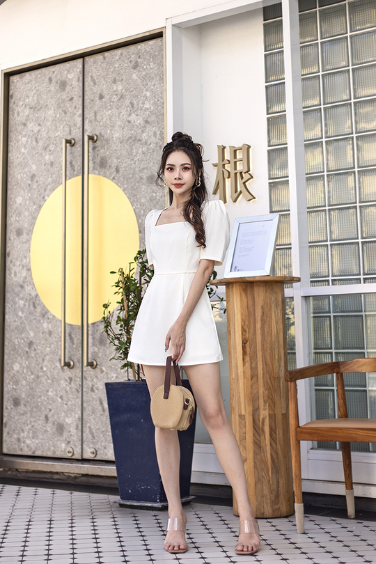 LIELLE SQUARE NECK PLAYSUIT DRESS (CREAM)