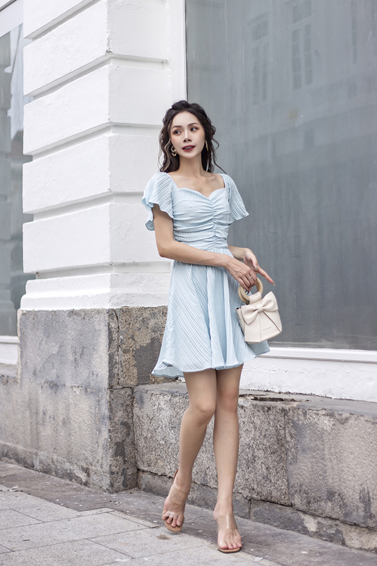 KAELIA RUCHED FRONT FLARE DRESS (SKY BLUE)