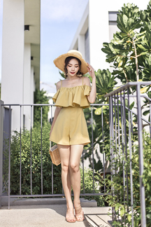 AREECA COLD SHOULDER RUFFLES PLAYSUIT (MUSTARD LIME)