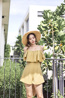 AREECA COLD SHOULDER RUFFLES PLAYSUIT (MUSTARD LIME)