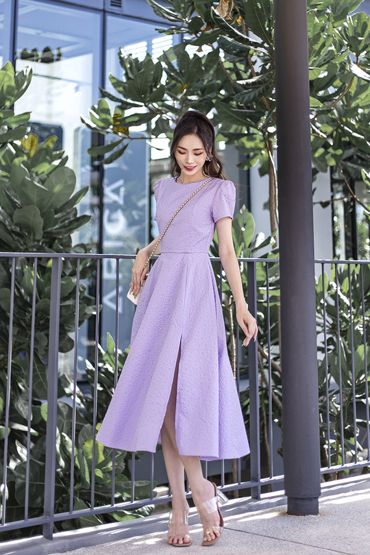 JAZABEL ROUND NECK SLIT MIDAXI DRESS (PURPLE)