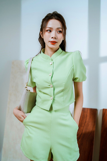 FRENCHY SOLID BUTTON FRONT BLOUSE (APPLE GREEN)