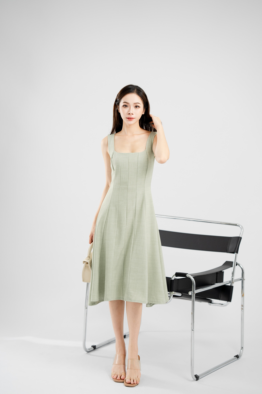 UNA SQUARE NECK MIDI DRESS (CYAN OPAQUE)