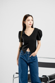 KALY V NECK PUFF SLEEVE TOP (BLACK)