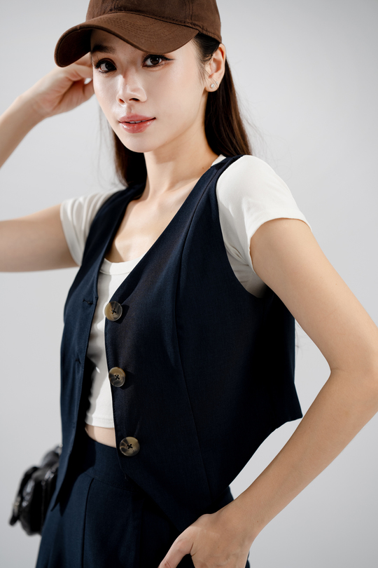 BONNY BUTTON FRONT VEST TOP (CETACEAN BLUE)