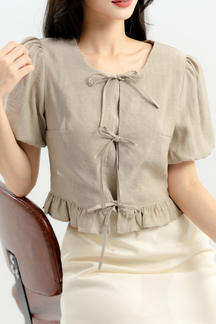 BAMBIE TIE RIBBON LINEN TOP (DARK VANILLA)