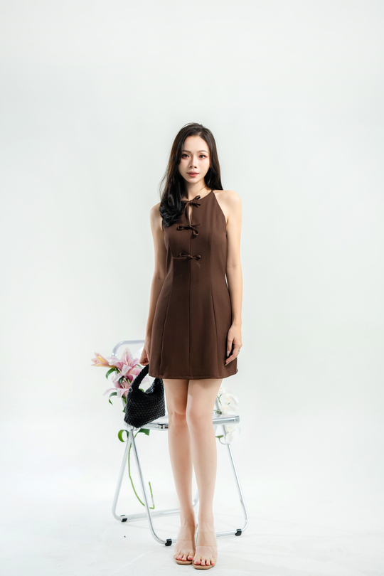 HARLEIGH HALTER NECK MINI DRESS (BROWN)