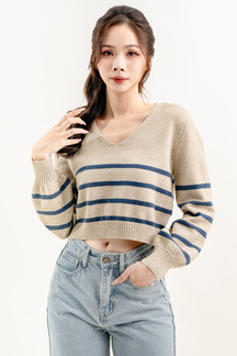 ZOYA V NECK KNIT SWEATER (BLUE STRIPE)