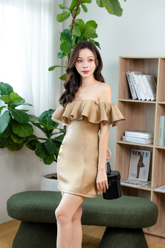 ALIYAH OFF SHOULDER MINI DRESS (PEARL GOLD)