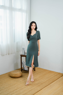 OLVERA PUFF SLEEVES MIDI DRESS (GREEN SMOKE)