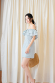 LIYAH OFF SHOULDER MINI DRESS (GREEN STRIPE)