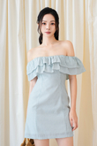 LIYAH OFF SHOULDER MINI DRESS (GREEN STRIPE)