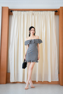 LIYAH OFF SHOULDER MINI DRESS (BLACK CHECKERED)