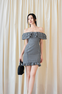LIYAH OFF SHOULDER MINI DRESS (BLACK CHECKERED)
