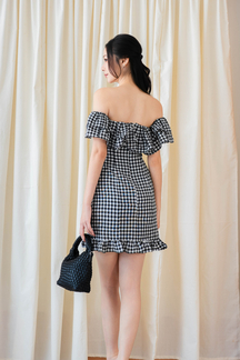 LIYAH OFF SHOULDER MINI DRESS (BLACK CHECKERED)
