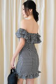 LIYAH OFF SHOULDER MINI DRESS (BLACK CHECKERED)