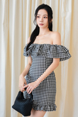 LIYAH OFF SHOULDER MINI DRESS (BLACK CHECKERED)