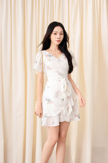 JACE RUFFLES WRAP MINI DRESS (WHITE FLORAL)