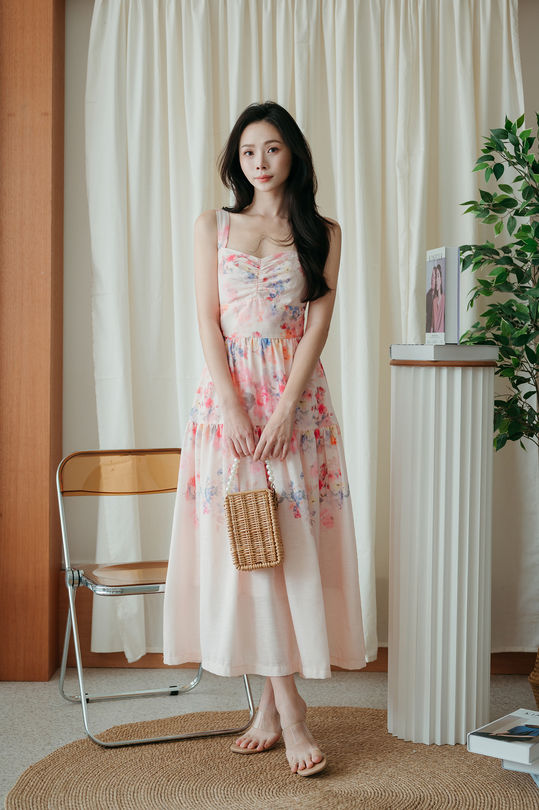 BETHEA RUCHED BUST MIDAXI DRESS (PINK FLORAL)