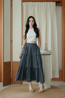 SORAYA ELASTIC WAIST MIDI SKIRT (BLUE STRIPE)