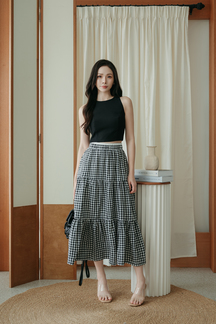 SORAYA ELASTIC WAIST MIDI SKIRT (BLACK CHECKERED)