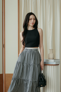 SORAYA ELASTIC WAIST MIDI SKIRT (BLACK CHECKERED)