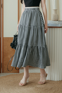 SORAYA ELASTIC WAIST MIDI SKIRT (BLACK CHECKERED)