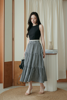 SORAYA ELASTIC WAIST MIDI SKIRT (BLACK CHECKERED)