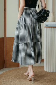 SORAYA ELASTIC WAIST MIDI SKIRT (BLACK CHECKERED)