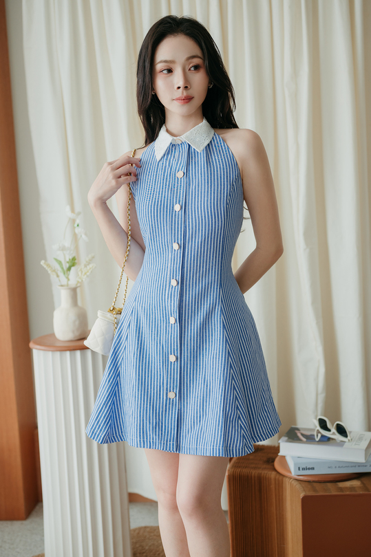  MIREYA BACKLESS MINI DRESS (BLUE STRIPE)
