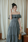 CARMINE OFF SHOULDER MIDAXI DRESS (BLACK CHECKERED)
