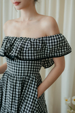 CARMINE OFF SHOULDER MIDAXI DRESS (BLACK CHECKERED)