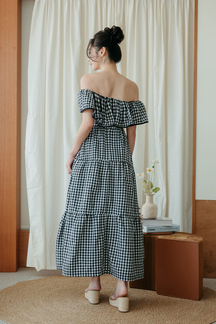 CARMINE OFF SHOULDER MIDAXI DRESS (BLACK CHECKERED)