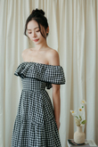 CARMINE OFF SHOULDER MIDAXI DRESS (BLACK CHECKERED)