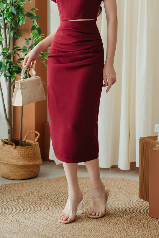 ELVIO SIDE RUCHED PENCIL SKIRT (RED)