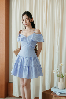 WENXY COLD SHOULDER MINI DRESS (BLUE STRIPE)