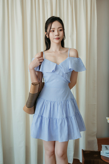 WENXY COLD SHOULDER MINI DRESS (BLUE STRIPE)