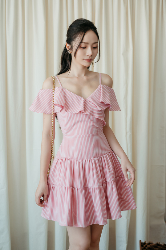 WENXY COLD SHOULDER MINI DRESS (PINK STRIPE)