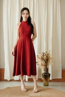 LEVINIA MANDARIN COLLAR MIDI DRESS (RED1)