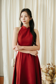 LEVINIA MANDARIN COLLAR MIDI DRESS (RED1)