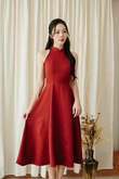 LEVINIA MANDARIN COLLAR MIDI DRESS (RED1)