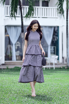 KACY MANDARIN COLLAR TIERED DRESS (BLACK CHECKERED)