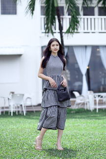 KACY MANDARIN COLLAR TIERED DRESS (BLACK CHECKERED)