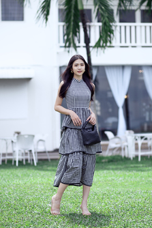 KACY MANDARIN COLLAR TIERED DRESS (BLACK CHECKERED)