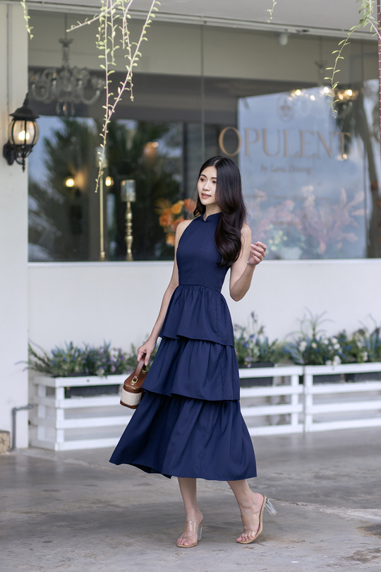 KACY MANDARIN COLLAR TIERED DRESS (DARK BLUE)