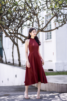  LEVINIA MANDARIN COLLAR MIDI DRESS (BURGUNDY)