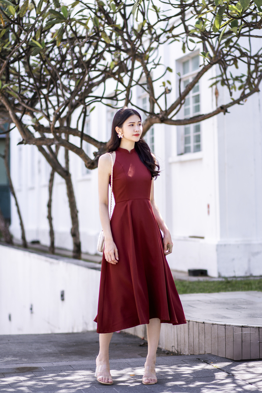  LEVINIA MANDARIN COLLAR MIDI DRESS (BURGUNDY)