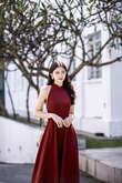  LEVINIA MANDARIN COLLAR MIDI DRESS (BURGUNDY)