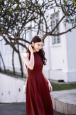  LEVINIA MANDARIN COLLAR MIDI DRESS (BURGUNDY)