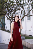  LEVINIA MANDARIN COLLAR MIDI DRESS (BURGUNDY)